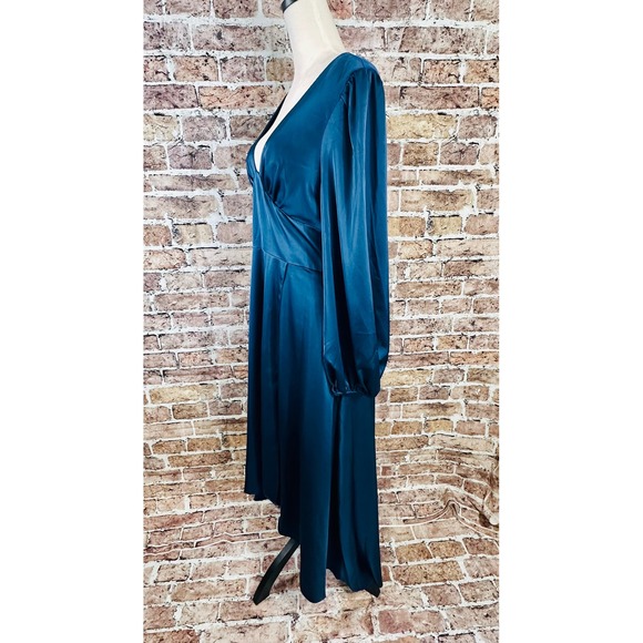 Aidan Mattox Teal Blue Satin V-Neck High-Low Midi Dress Bishop Sleeve Size 14 - Picture 8 of 16